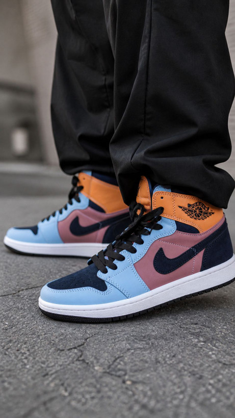 کفش بسکتبال نایکی دخترانه ایر جردن ۱ ساقدار آبی نارنجیNike Air Jordan